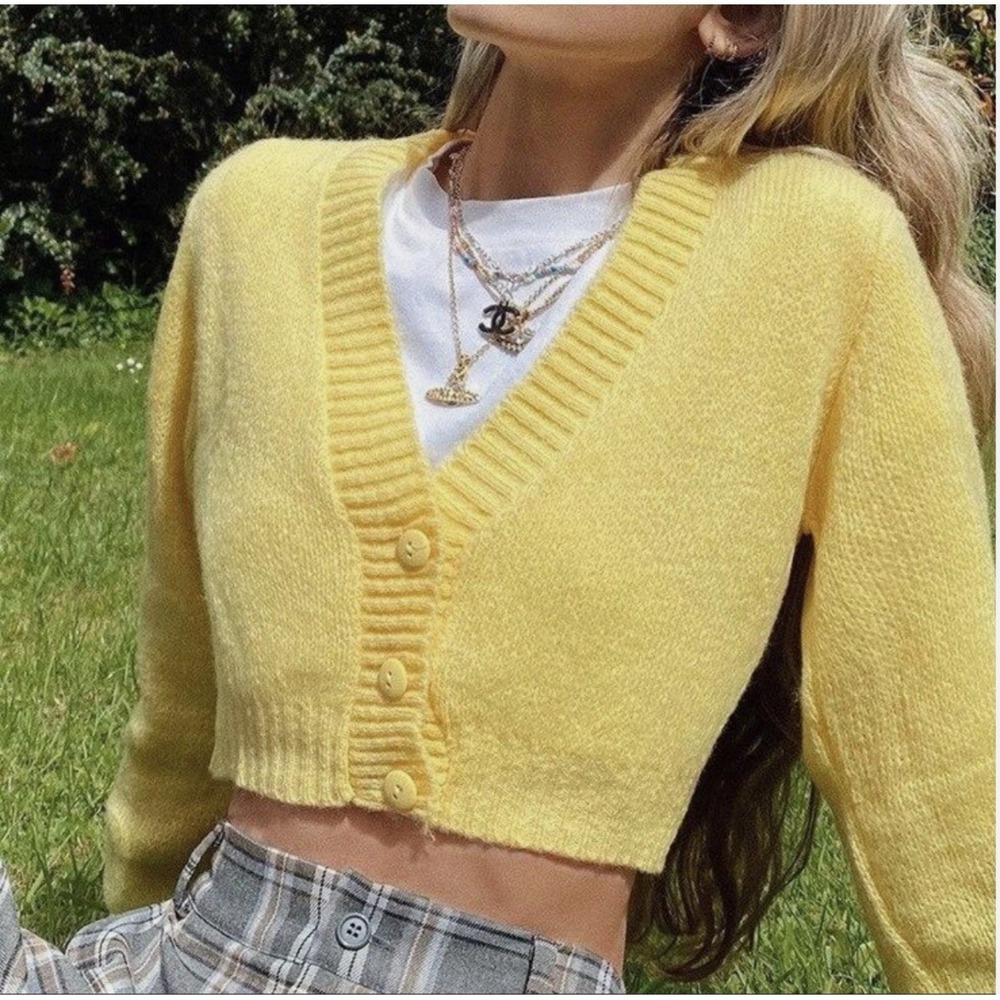 Nasty Gal Y2K Bright Yellow L Cropped Cardigan Gossip Girl V Neck 2000s Baby‎ T